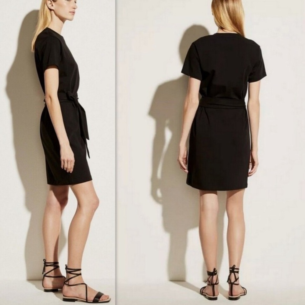 VINCE Crew Neck Short Sleeve Tie Waist T-shirt Dress Black Size M